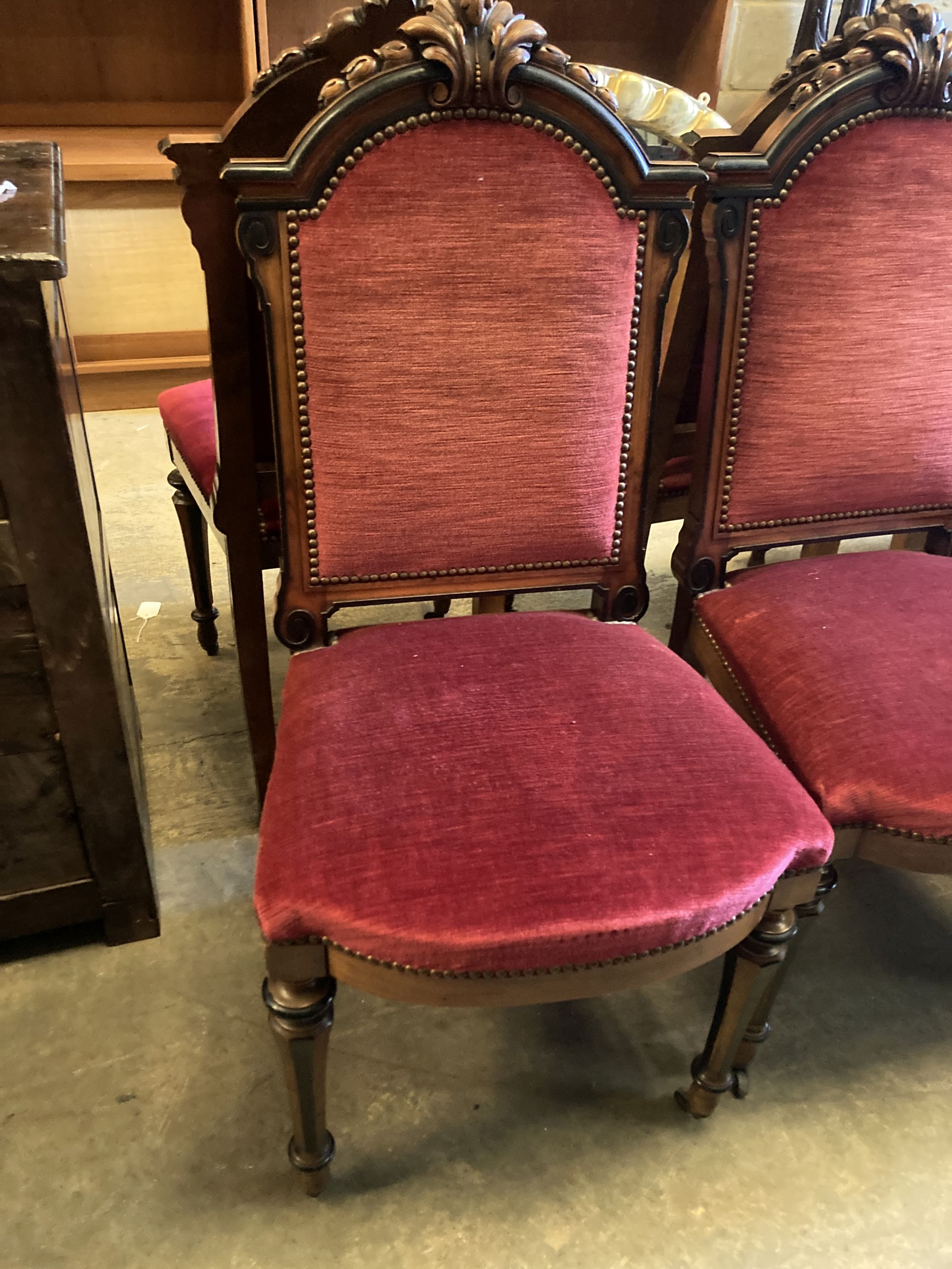 A set of twelve 19th century Continental walnut part ebonised carved walnut dining chairs